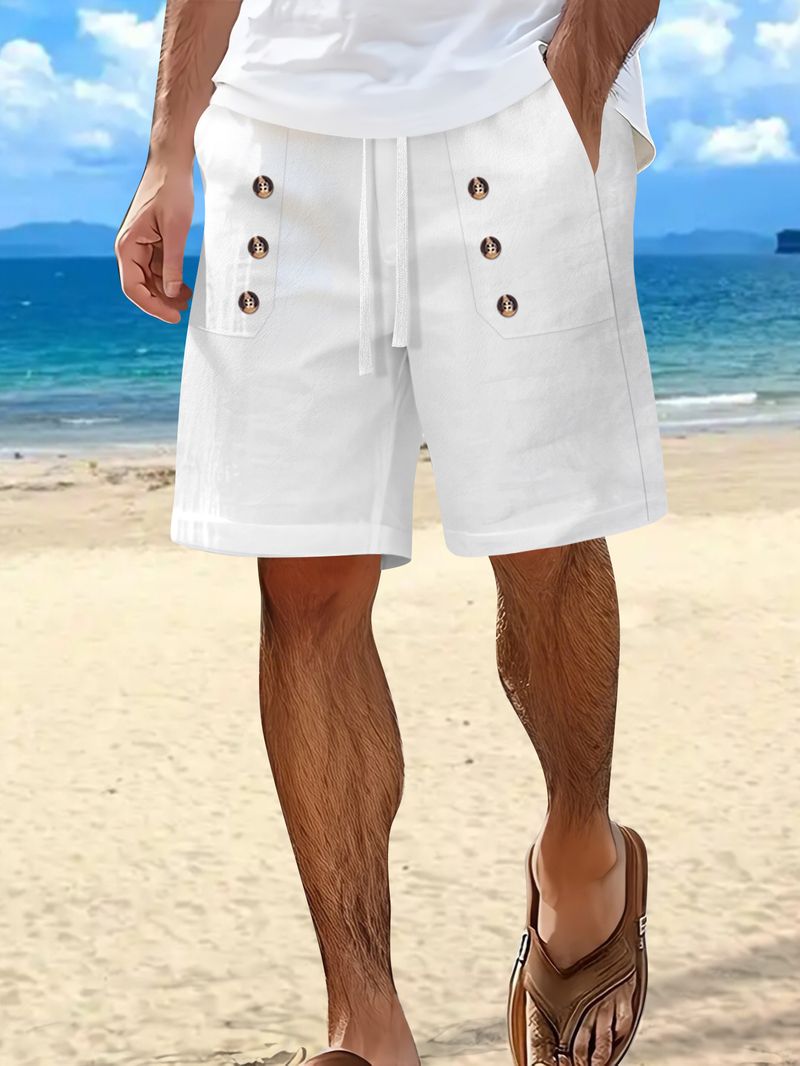 Pantaloncini estivi da uomo in cotone e lino, casual americani, larghi e dritti, con bottoni_voghion.com