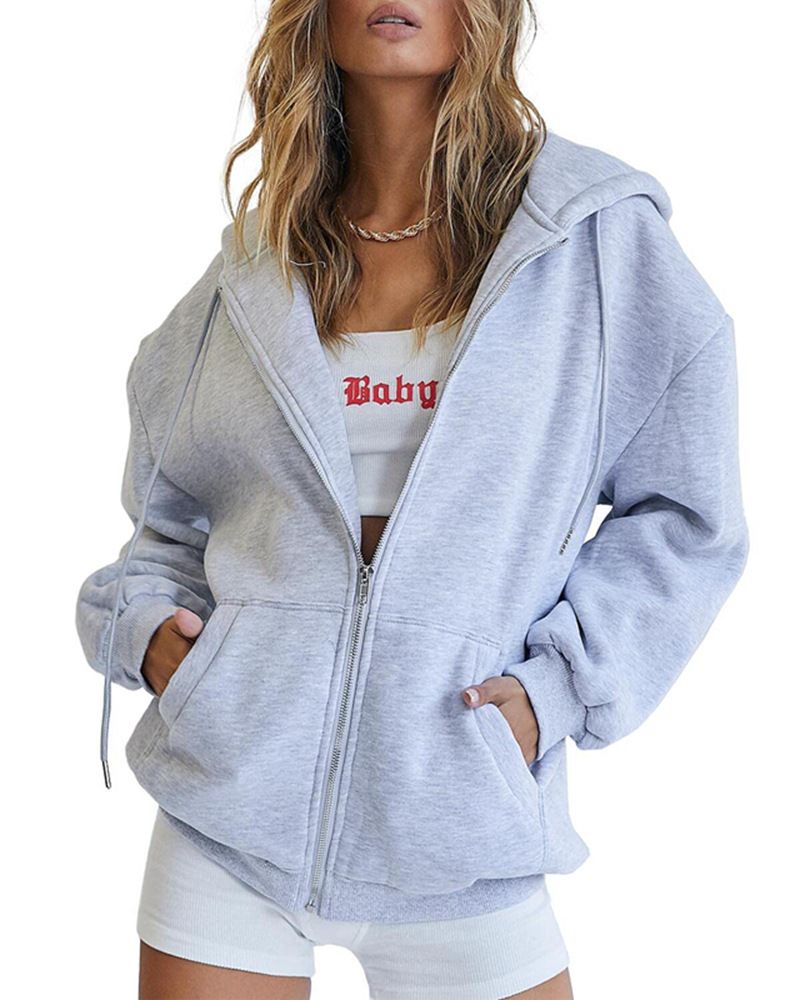 Women's Clothing Women's Cute Hooded Jacket With Drawstring - Oversized Zip-Up Sweatshirt For Teens & Girls - Cozy Fall Outerwear In Multiple Colors_voghion.com