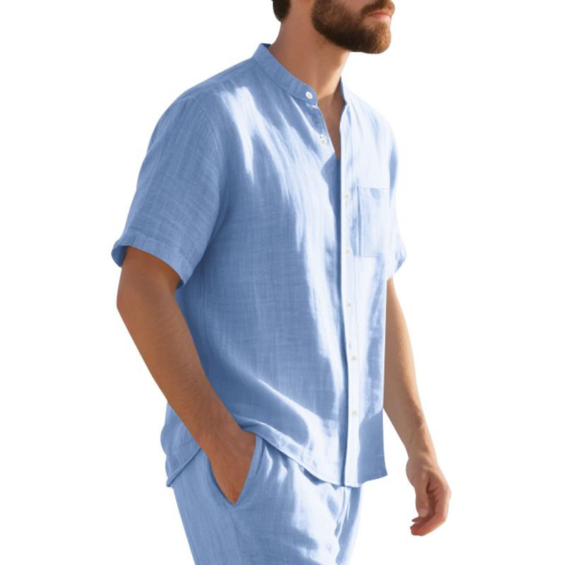 Camisa de lino de manga corta para hombre, nueva, de color liso, con cuello alto y bolsillo, holgada, informal_voghion.com