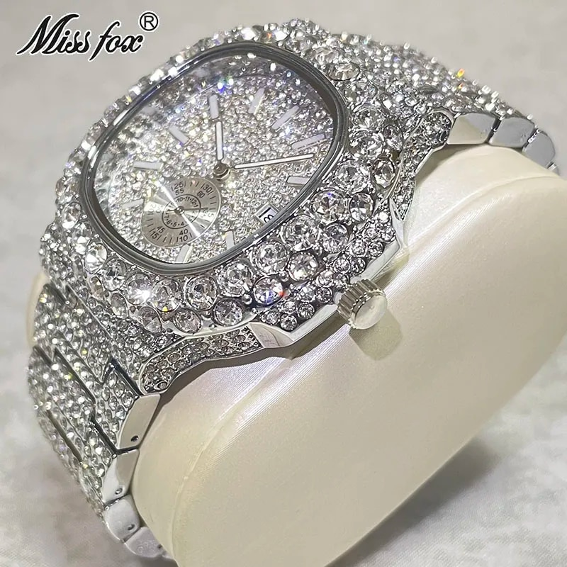 Hip Hop Marke MISSFOX Mode Iced Out Uhren Männer Voller Diamanten Gold Automatische Datum Uhr Stahl Wasserdichte Uhr Männlich_voghion.com