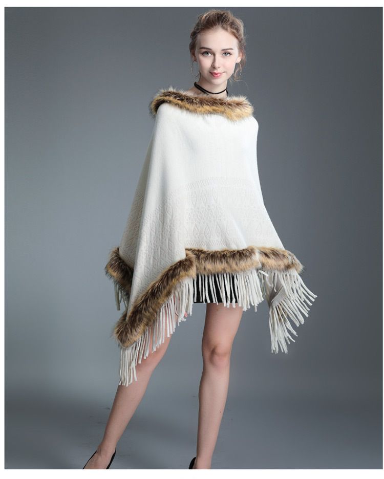 Fur collar shawl cape tassel knitted pullover fur cape woman_voghion.com