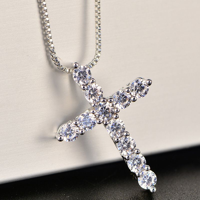 Collana in argento Sterling per donna e uomo, catena a scatola da 18 pollici, ciondolo classico con croce in cristallo lucido, gioielli di moda, regali_voghion.com