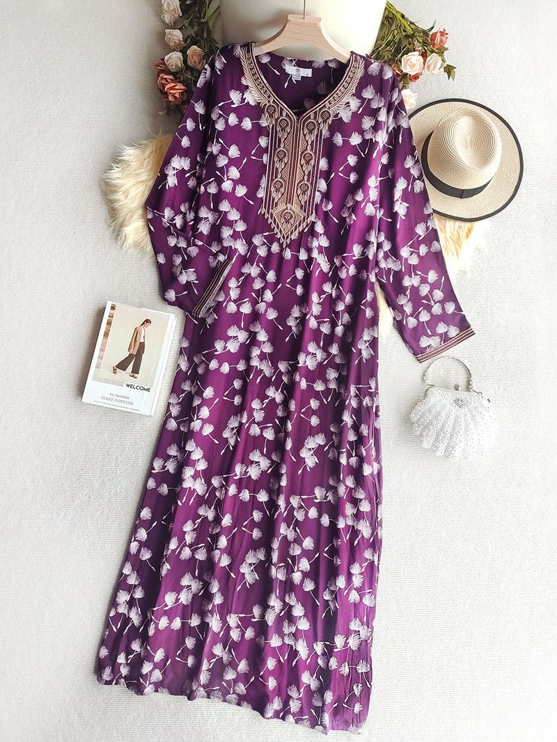 Moslimjurk voor dames - Lichtgewicht katoenen kaftan met borduurwerk, losse pasvorm, ademend voor lente en zomer, etnische Midden-Oosterse stijl_voghion.com