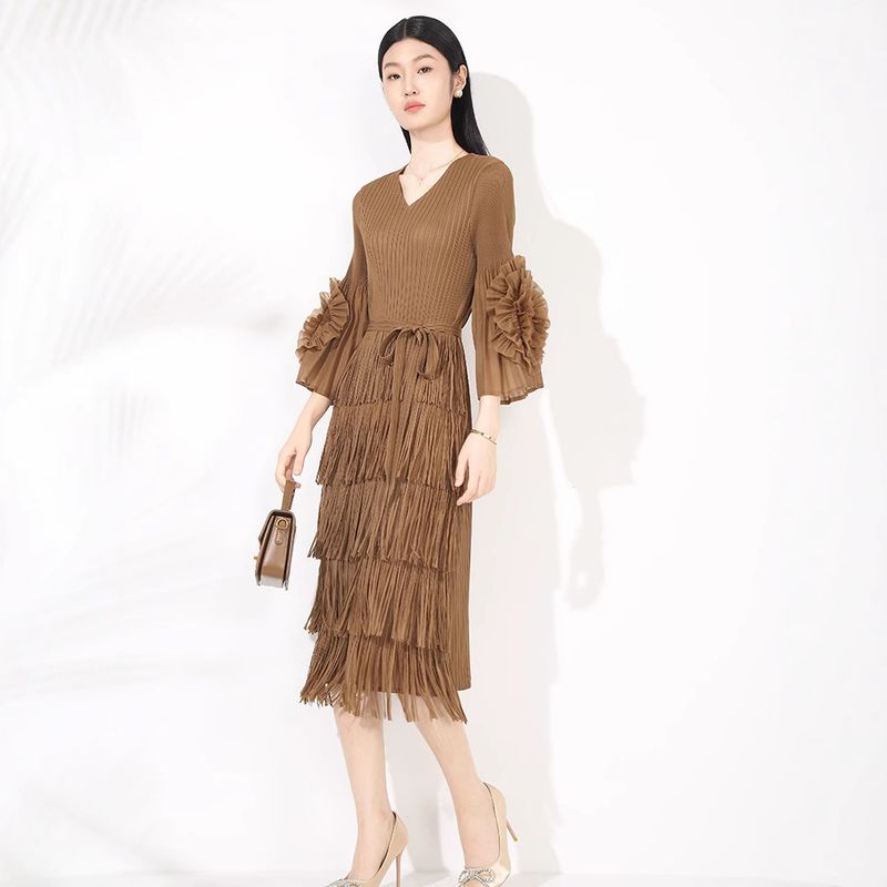 Verve Pleated Long Plus Size 2025 Spring Summer New Base High-end High Fashion Sense Ruffle Sleeve Tassel Midi Dress_voghion.com