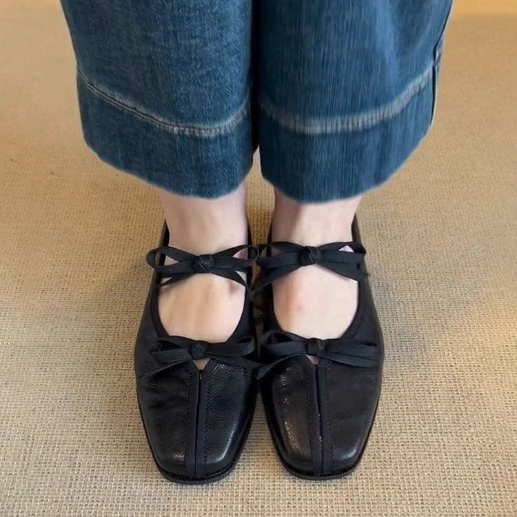 Cowhide Version~ Slip-On Bowknot Flats For Women Square Toe Shallow Ballet Chunky Heel Mary Jane Shoes_voghion.com