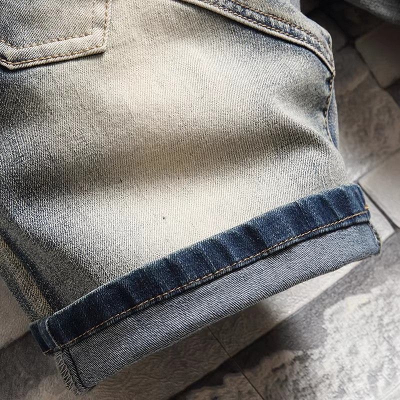 Herenkleding Retro Distressed Denim Shorts Heren Trendy Merk Ins Motorfiets Gewassen Casual Stretch Shorts Rits Versierde Shorts_voghion.com