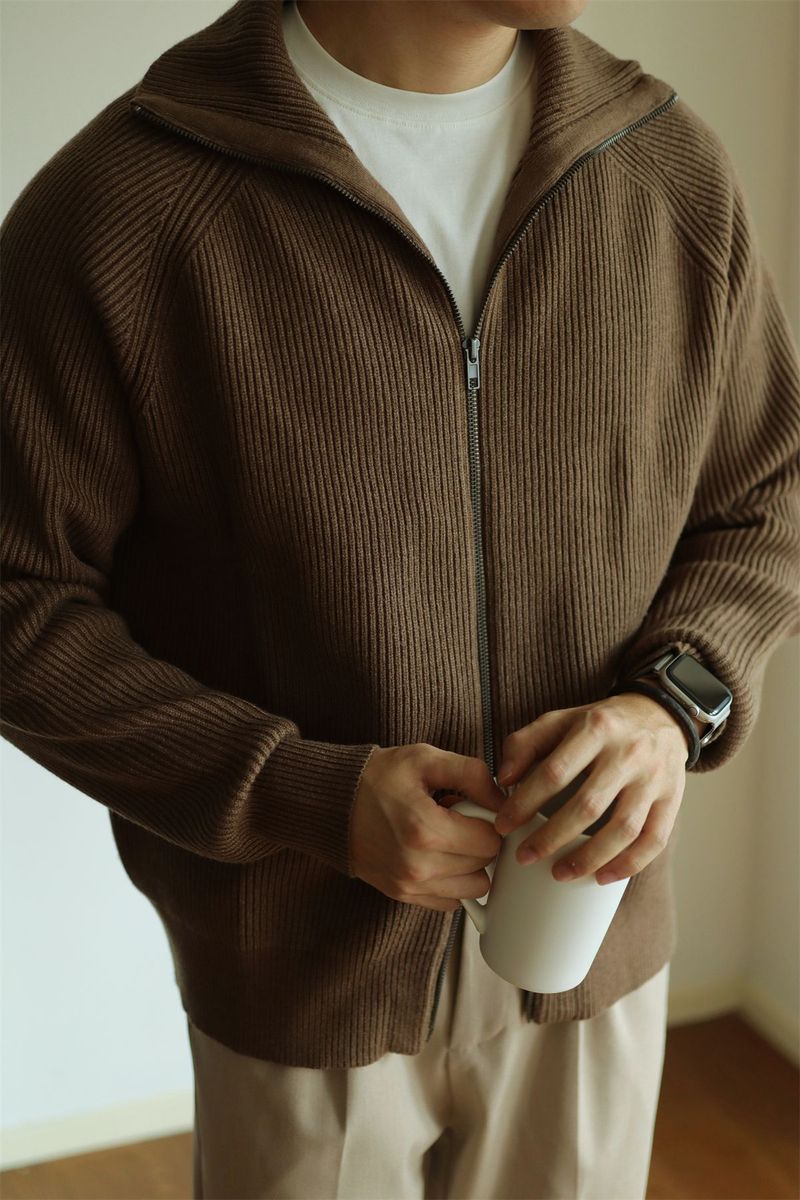 Men’s Chunky Knit Zip-Up Cardigan – High Neck Winter Sweater (Breathable Cotton, 5 Sizes, Minimalist Design, Anti-Wrinkle, Machine Washable)_voghion.com