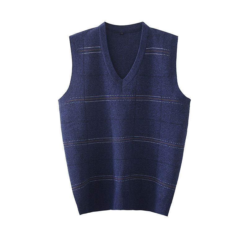 Herrenbekleidung Eine Generation von karierten Westen für Herren im Frühjahr und Herbst, lockerer V-Ausschnitt, Ärmel hinten, ärmellose Weste mittleren Alters, Jacquardpullover mit V-Ausschnitt_voghion.com