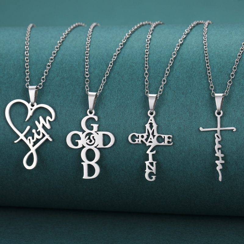 Collana con ciondolo a forma di cuore e croce in acciaio inossidabile, con lettera inglese e catena a lucchetto_voghion.com