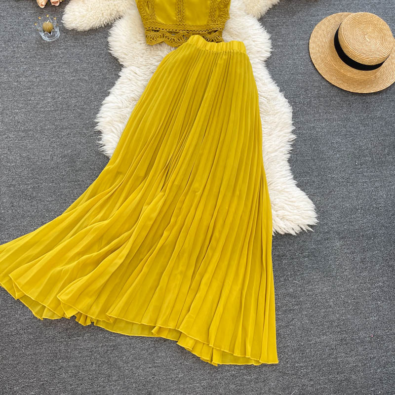 Haut en dentelle pour femmes, taille 1, jupe plissée en mousseline de soie, costume deux pièces_voghion.com