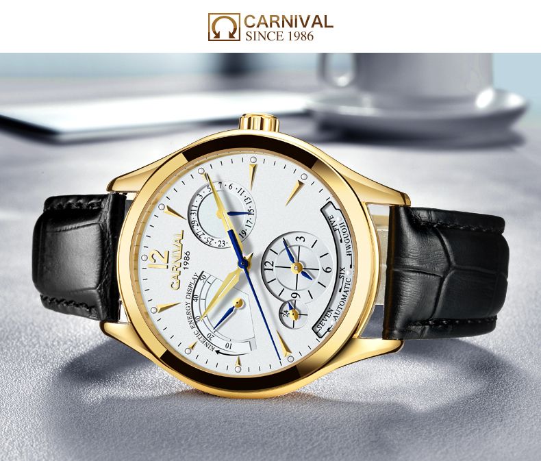 CARNIVAL Second Time Zone Kinetic Energy Display Watch Men Sapphire Automatic Mechanical Watches Man Watch Leather Waterproof_voghion.com