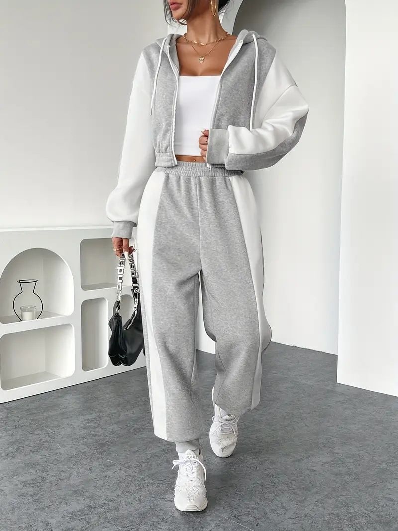 Conjunto de sudadera con capucha extragrande y pantalón deportivo de cintura alta para mujer – Estilo casual color block (Tallas S-XXL, Colores surtidos)_voghion.com