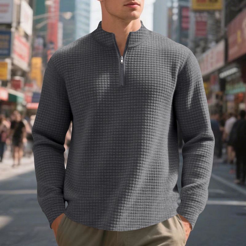 Men's Casual Pullover Sweatshirt With Jacquard Design, Stand Collar & Half-Zip, Loose Fit, Autumn/Winter Essential_voghion.com