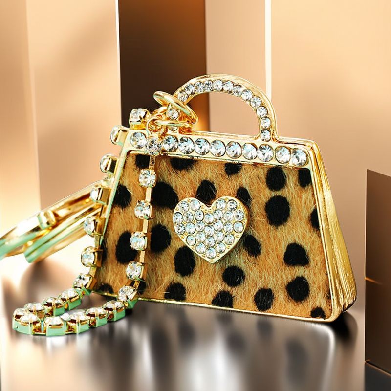 Portachiavi per auto con ciondolo per borsa in vera pelle con strass e stampa leopardata, stile coreano, creativo, in metallo, con anello portachiavi, regalo_voghion.com