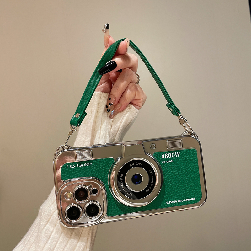 Stereo retro camera suitable for iPhone15promax Apple 14 mobile phone case electroplating 13 leather cord 12 soft shell for women_voghion.com