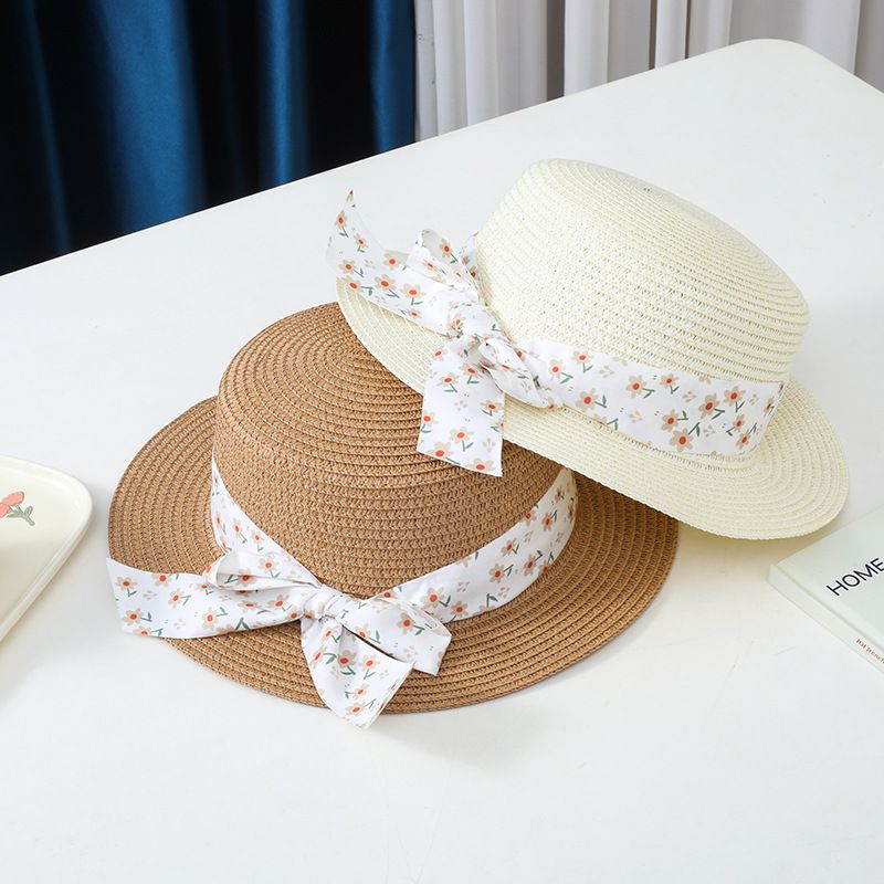 Cappello da pescatore con fiocco in paglia, protezione solare estiva per genitori e figli, con parasole piatto per bambini, set di borse, alla moda_voghion.com