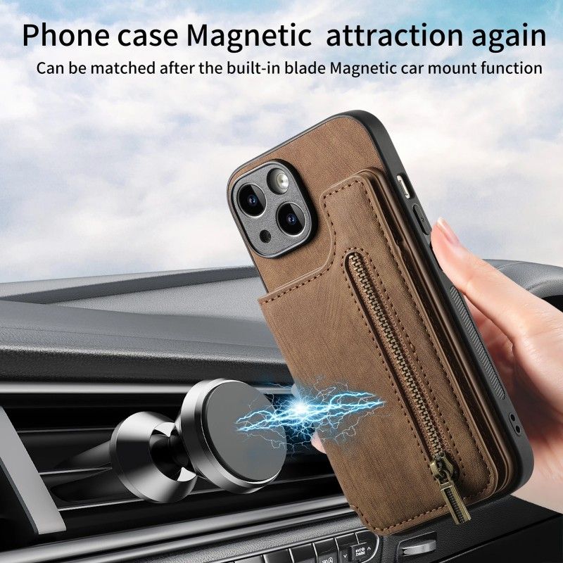 Magnetischer Kartenhalter Solt Zipper Wallet Ledertasche für iPhone 16 15 14 Pro 13 12Mini 11 Pro Max Plus 7 8 X XS Stoßfeste Abdeckung_voghion.com