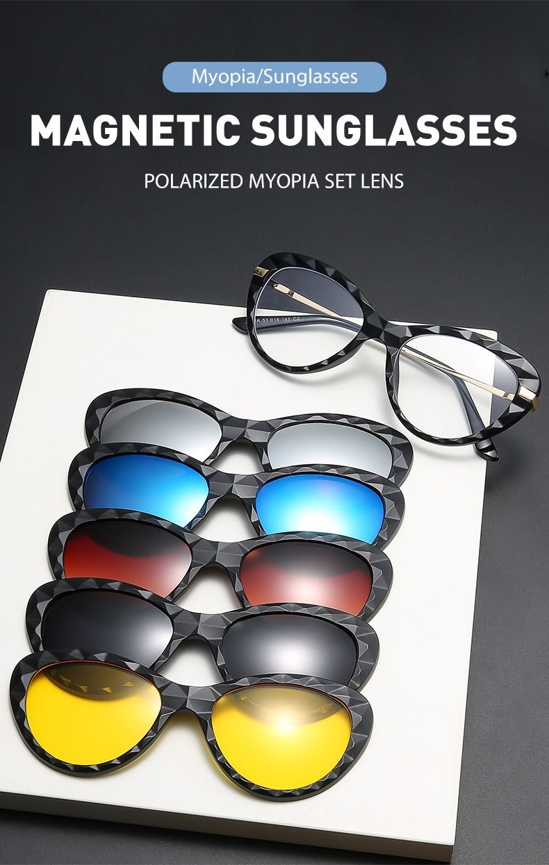 Nieuw binnen 6 in 1 brilmontuur voor dames met 5 stuks clip-on gepolariseerde zonnebrillen magnetische bril voor dames computer optisch 2352D_voghion.com