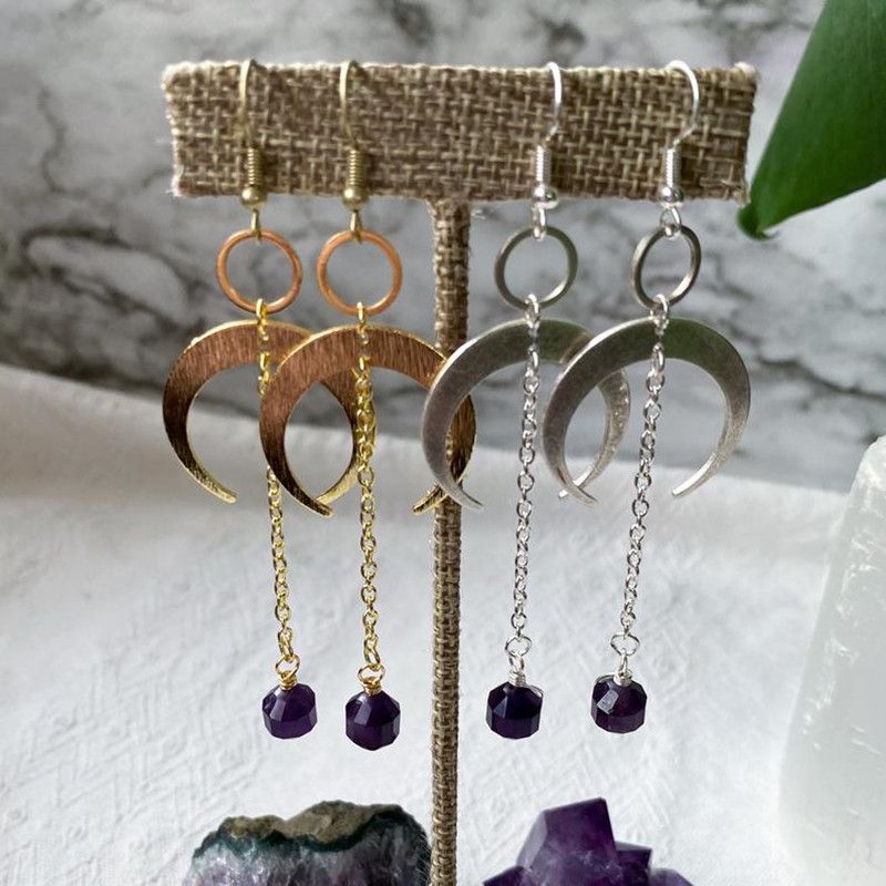 Amethyst moon earrings Hook earrings_voghion.com