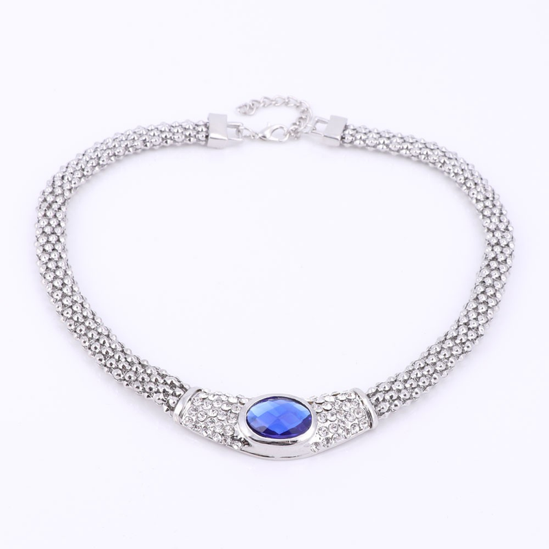 Feestaccessoires voor dames Bruiloft Blauwe edelsteen hanger kristallen ketting oorbel armband ring sieradensets_voghion.com