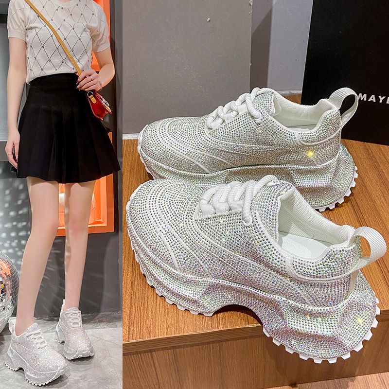 Modische Damen-Sneaker mit Strasssteinen – klobige Plateauschuhe für mehr Körpergröße, atmungsaktives Obermaterial aus PU, lässige und trendige Low-Top-Schnürschuhe_voghion.com