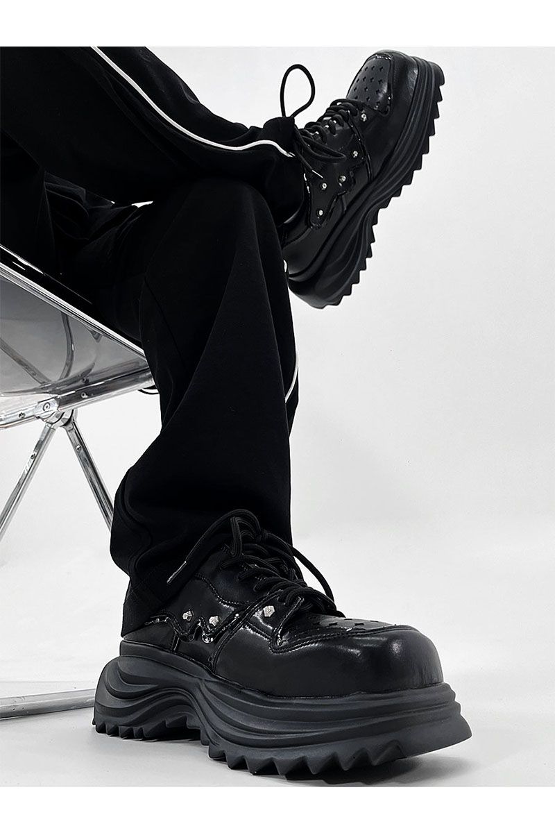 Thick Sole Classy Black Ins Niche Style Square Head Dad Shoes_voghion.com