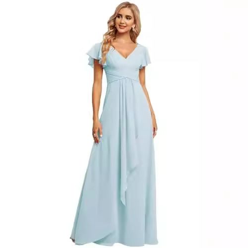 Chiffon Bridesmaid Dress With Split V-neck High Waisted A-line Ballroom Dress_voghion.com