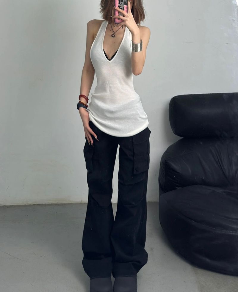 Canotta senza schienale con scollo a V e scollo a V, stile americano, vestibilità ampia, snellente, leggermente trasparente._voghion.com