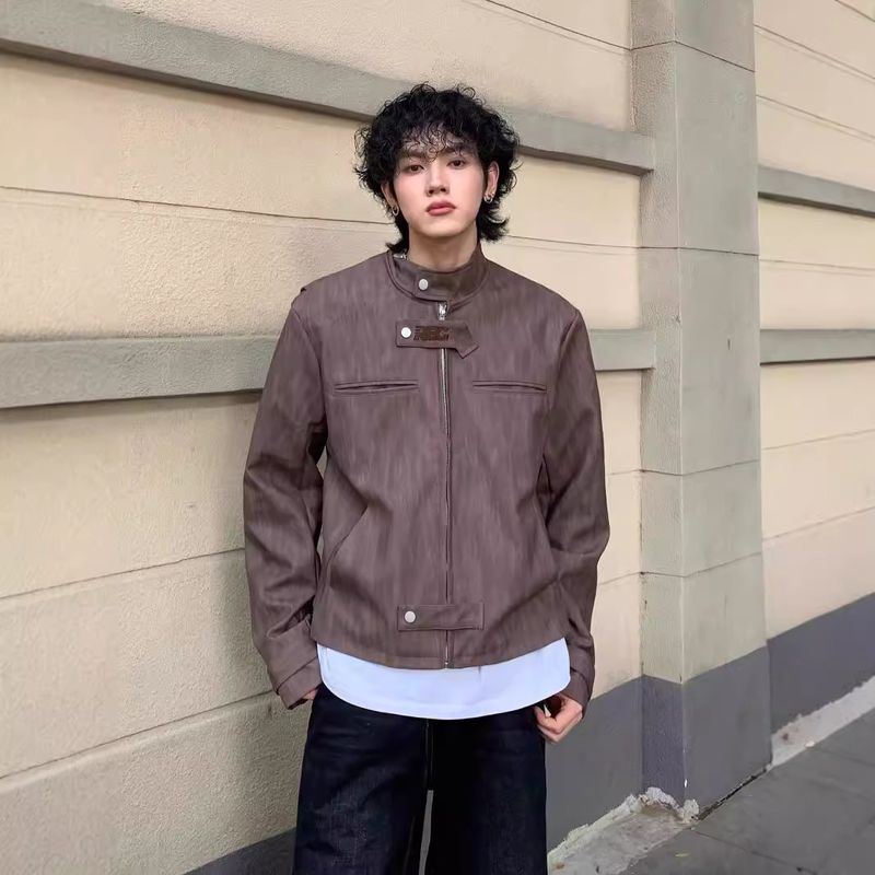 New autumn and winter brown textured zipper stand up collar jacket for men with a stylish and loose fit, versatile jacket_voghion.com