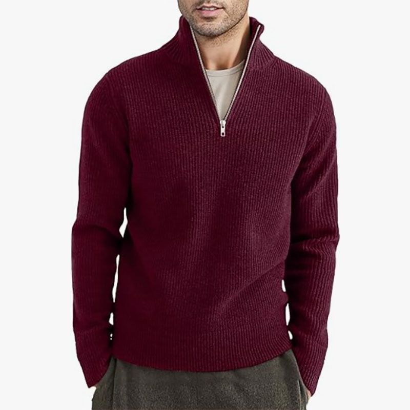 Suéter masculino de malha de inverno com gola de meio zíper - Pulôver grosso e quente, corte slim, lavável à máquina (cáqui/branco/cinza/preto/marrom)_voghion.com