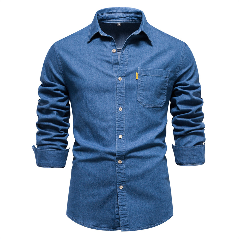 Herrenbekleidung, bügelfreies Denim-Hemd, lässiges, einfarbiges Herren-Langarmhemd_voghion.com
