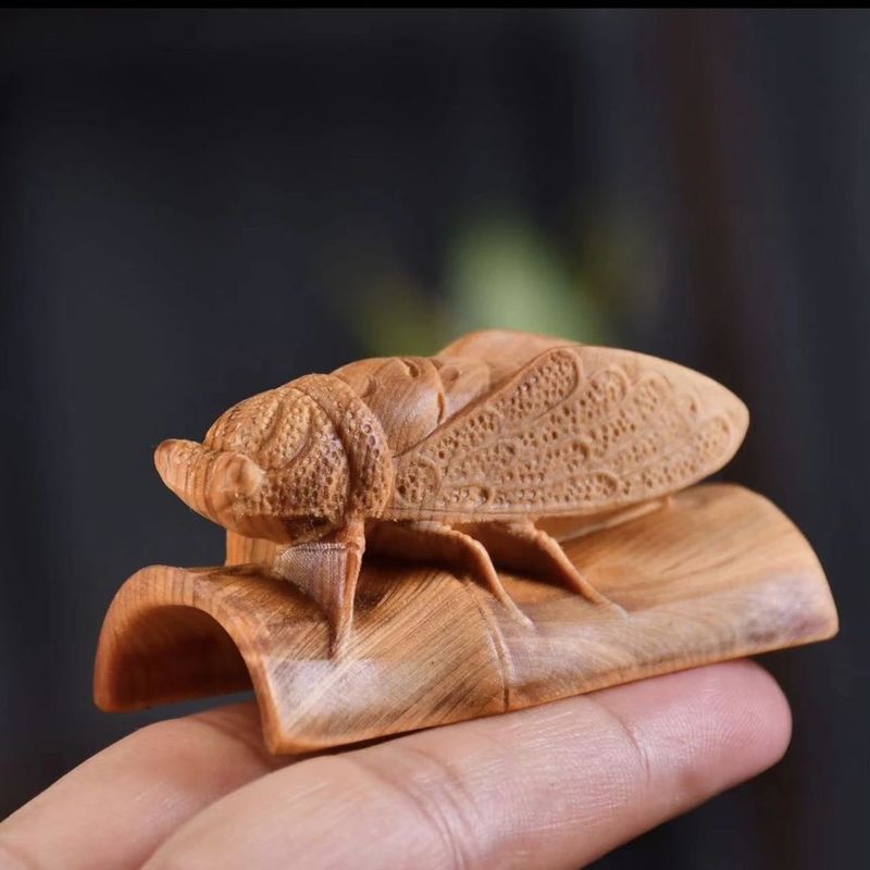 Hand-Carved Cliff Cypress Wood One Shines Bright Handheld Cicada Summer Insect Cultural Play Piece For Men And Women_voghion.com