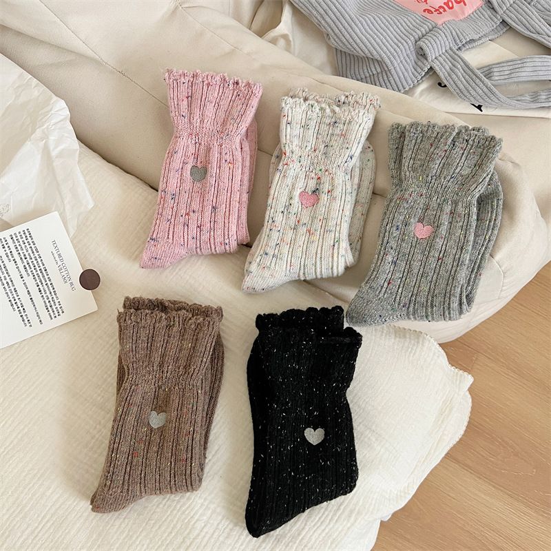 Calzini in maglia di lana da uomo e da donna con pizzo e ricamo a forma di cuore, polsino medio, calzini invernali spessi e caldi da indossare tutti i giorni, comodi ed eleganti_voghion.com