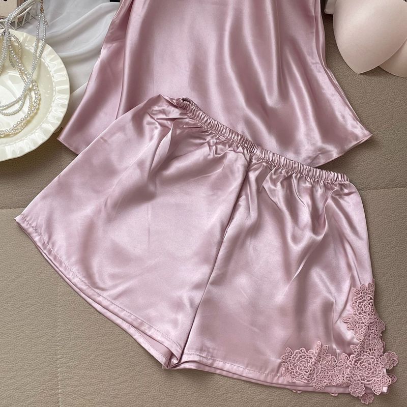 Underwear & Sleepwears Sexy Padded Camisole Sleepwear Set - Summer Satin Lace Bralette & Shorts Two-Piece Outfit For Women, Comfortable Lounge Wear_voghion.com
