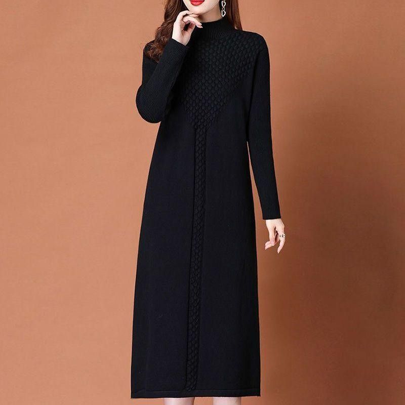 2025 herbst Winter Neue Große Größe Lose Elegante Gestrickte Für Frauen Dicke Über-die-Knie Lange Kleid_voghion.com
