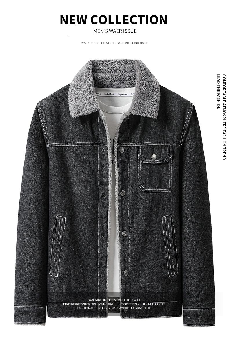 Giacca in denim con fodera in sherpa da uomo - Cappotto invernale con collo in pile e dettagli effetto consumato (nero/grigio, taglie slim e comode disponibili)_voghion.com