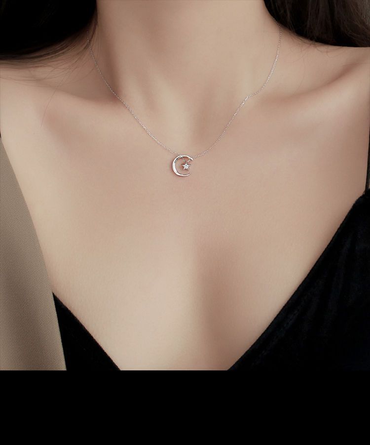 Collana con stella e luna per donna, argento puro, ciondolo dal design di nicchia, stile Ins, semplice e alla moda, clavicola leggera e lussuosa_voghion.com