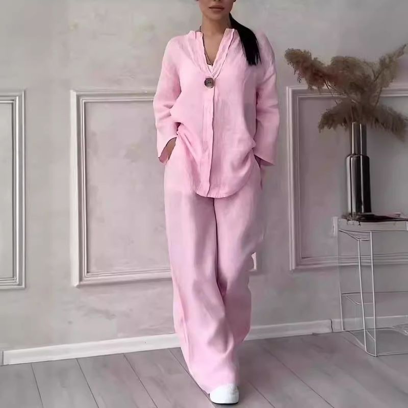 Women's Casual Linen Blend Long Sleeve Top & Wide Leg Pants Set - Breathable Comfortable Outfit For Work & Daily Wear_voghion.com