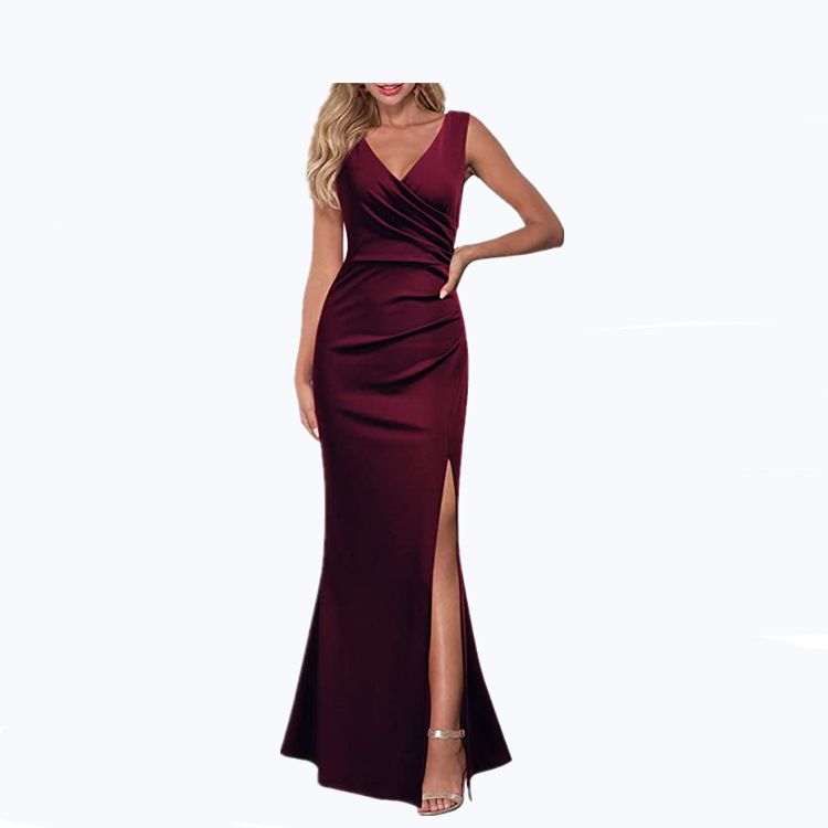 Women's Clothing V Neck Slit Evening Dress Cocktail Long Dress_voghion.com
