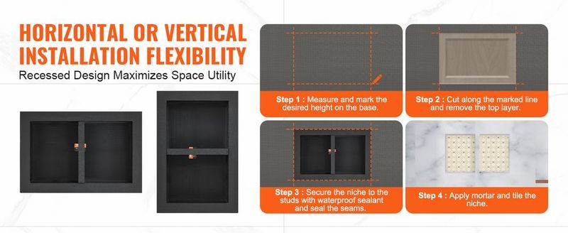 VEVOR Shower Niche Ready For Tile 16" X 24", Double Shelf Organizer, Square Corners Wall-inserted Niche Recessed, Sealed Protection Modern Soap Storage Niche For Shower Bathroom, Black_voghion.com