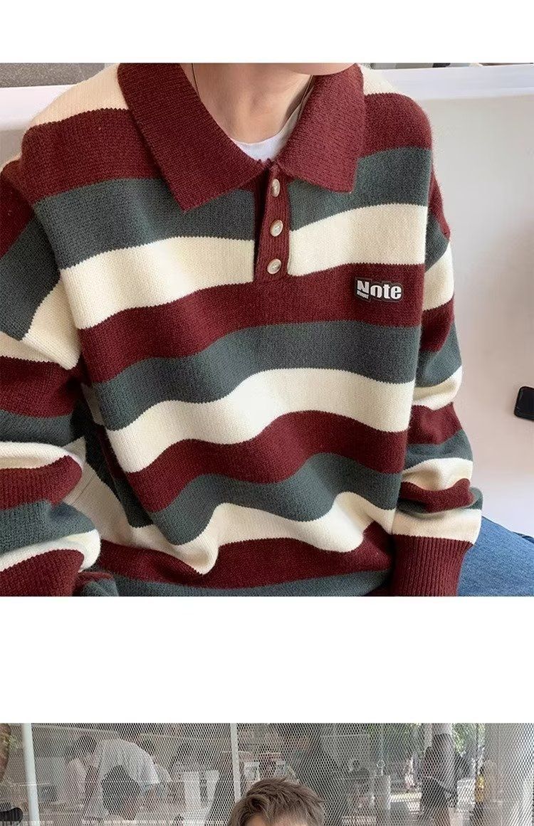 Polokragen für Jungen im Herbst und Winter, Lazy Style, kontrastfarbene Streifen, lockere Passform, Teenager-Revers, gestrickt_voghion.com