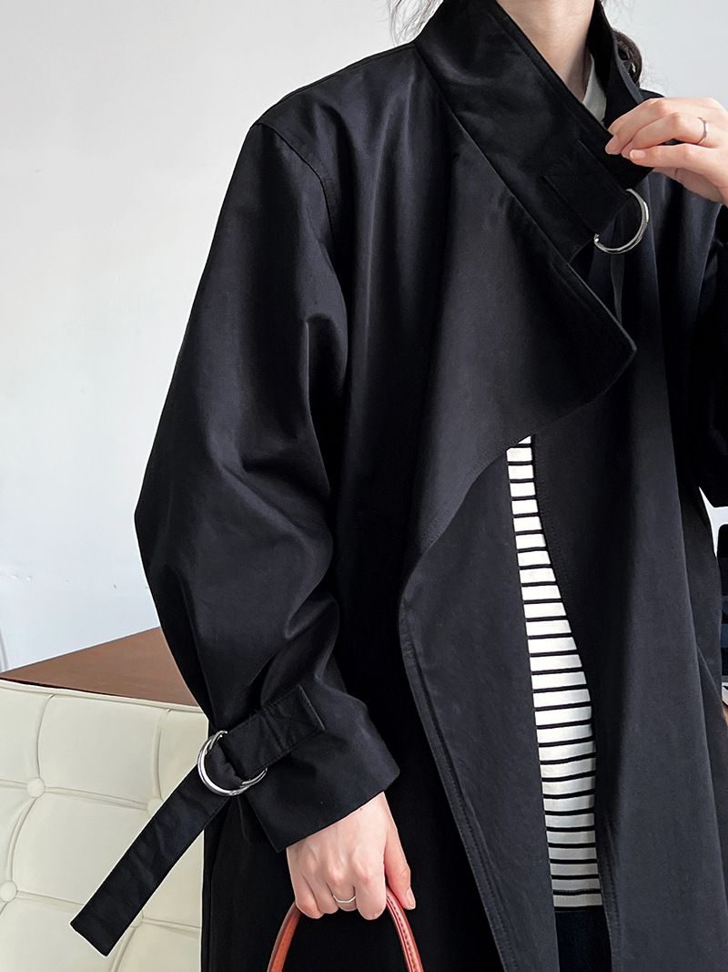 Elegant British-Style Long Trench Coat For Women – Minimalist & Luxurious Knee-Length Overcoat With Adjustable Belt, Pure Cotton, Black & Light Beige_voghion.com