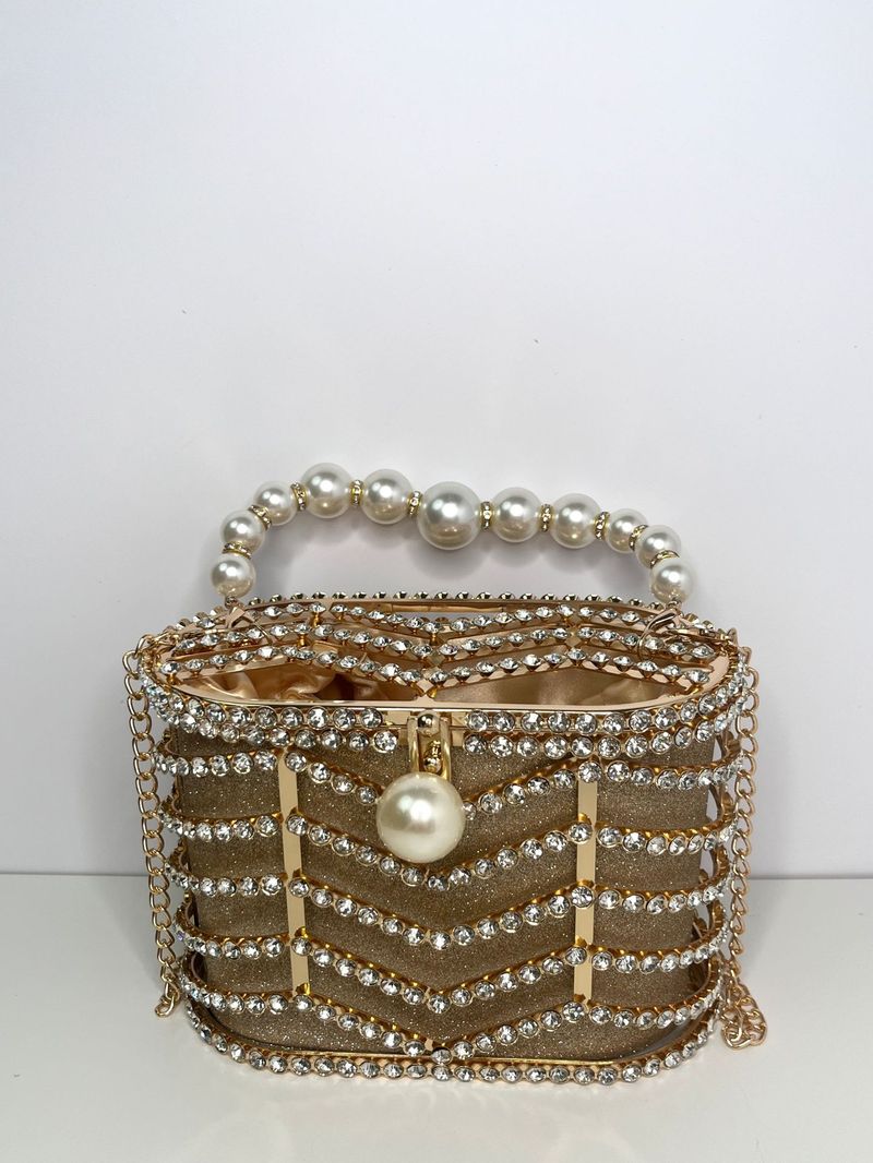 Sac panier en métal style niche français avec strass et perles, pochette de soirée à chaîne creuse pour téléphone portable_voghion.com