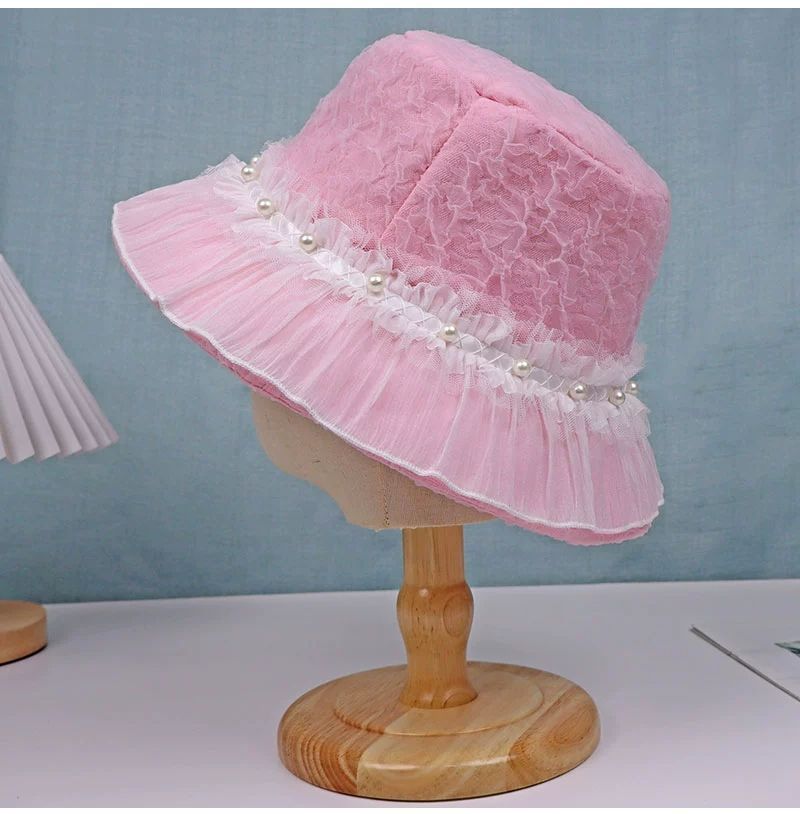 Pearl Mesh Pleated Fungus Edge Hat Women's Wide-brimmed Bucket Hat Outing Basin Hat Summer Breathable Sun Hat_voghion.com