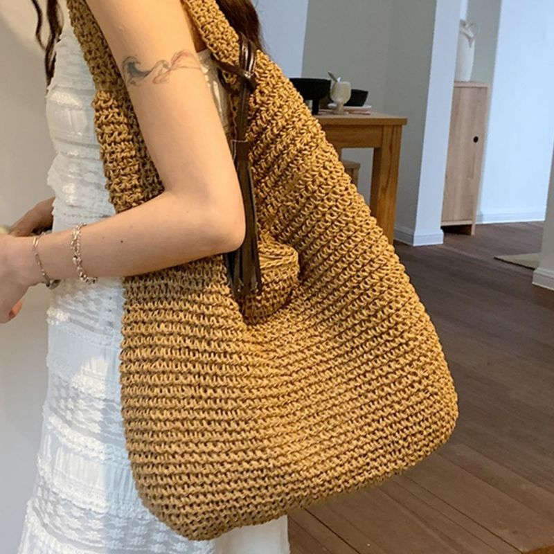 Borsa da spiaggia in paglia con tracolla monospalla, grande capacità, intrecciata, nuova estate, per vacanze al mare e relax_voghion.com