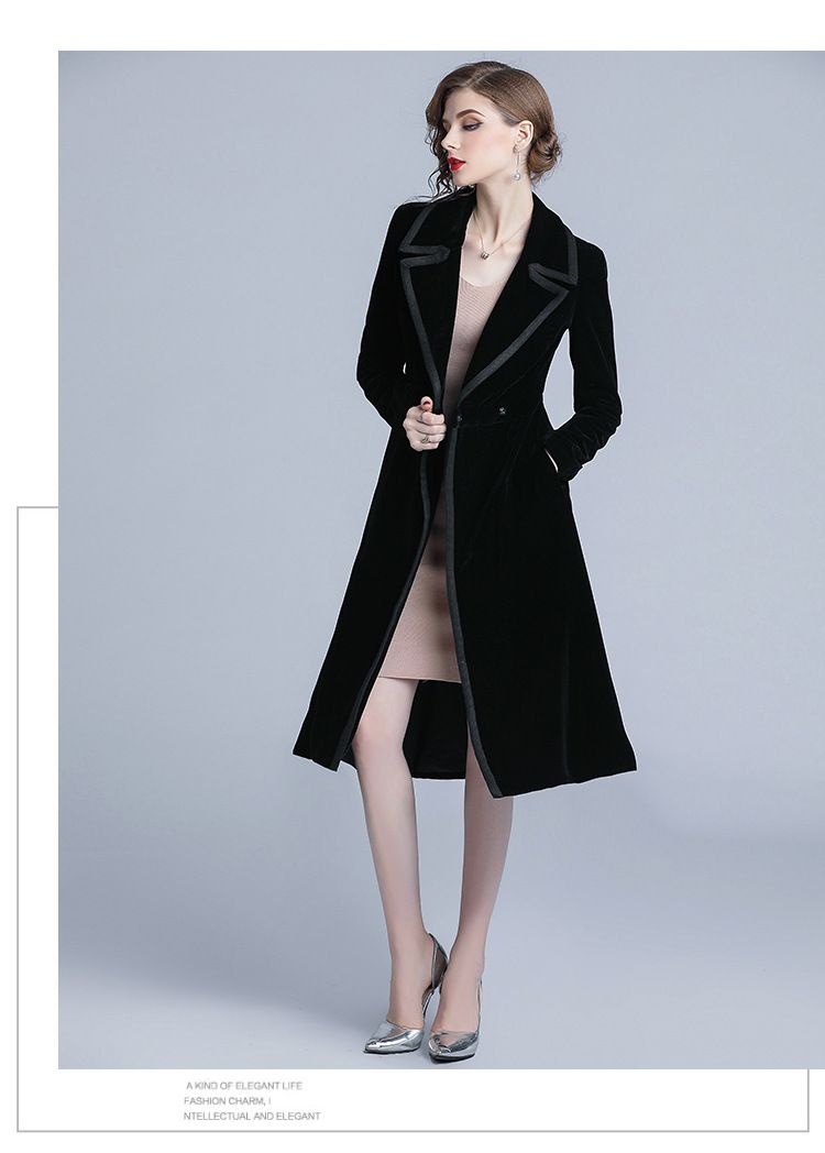 Trench in velluto nero di media lunghezza da donna, modello Dea, primavera e autunno, di Socialite Fashion_voghion.com