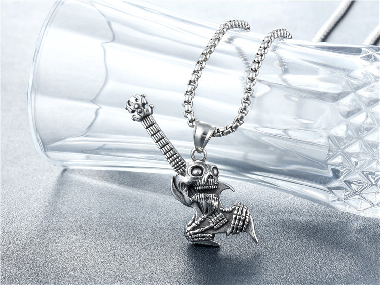 Mode Neue Schädel Rock Gitarre Anhänger Halskette Männer Edelstahl Persönlichkeit Einzigartige Design Halskette Schmuck Party Geschenk_voghion.com