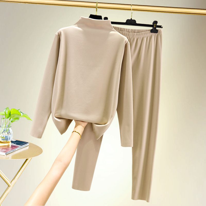 Women's warm underwear set with double-sided German velvet wool and thick half high neck long sleeve trousers plus size two-piece set_voghion.com