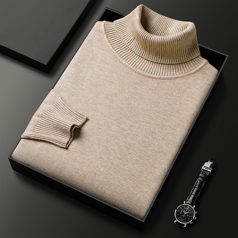 Men's high neck, solid color pullover, slim fit elastic sweater, suitable for middle-aged young people's autumn and_voghion.com
