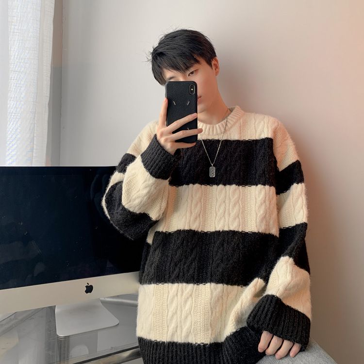 Maglione caldo versatile da uomo, in maglia a blocchi di colore, autunno inverno, a righe_voghion.com